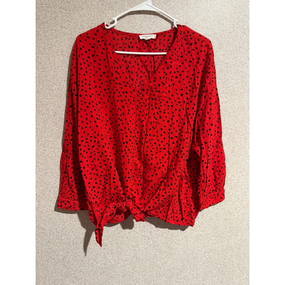Beachlunchlounge Red Black Polka Dot Tie Front V-Neck‎ Blouse Top Large